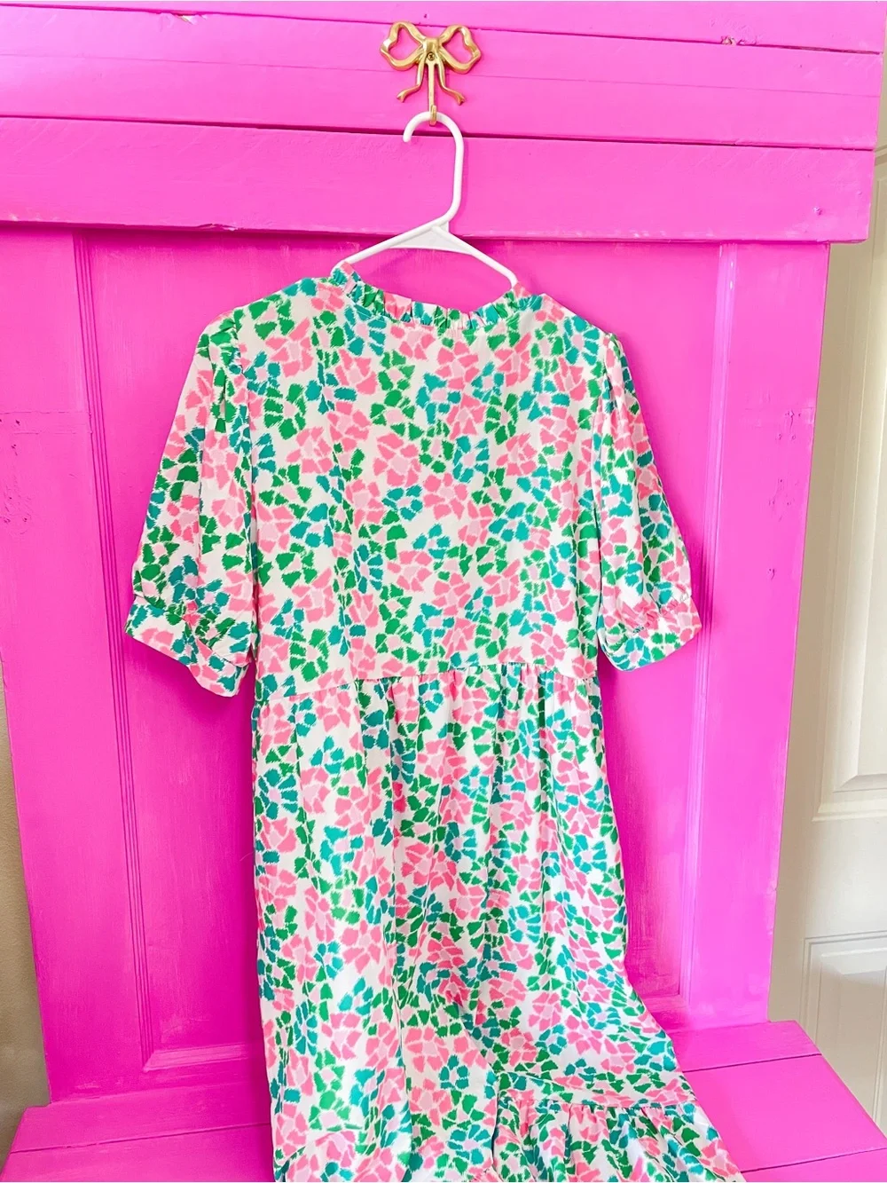 Floral Pink & Green Maxi Dress - V-Neck, Short Sleeve - Picture 2 of 3
